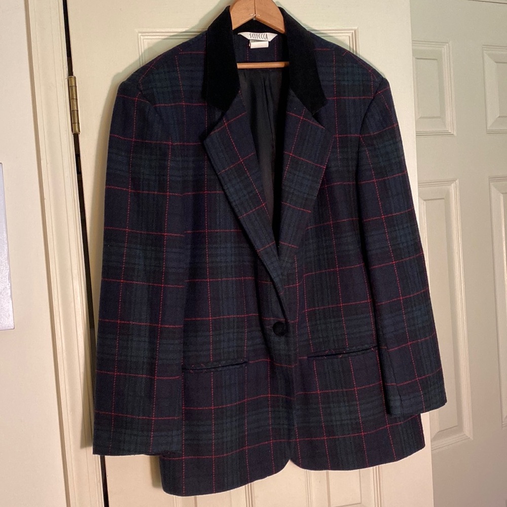 Sellecca Blue Green Plaid Blazer Size 12 Velvety Collar